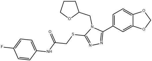 2-[[5-(1,3-benzodioxol-5-yl)-4-(oxolan-2-ylmethyl)-1,2,4-triazol-3-yl]sulfanyl]-N-(4-fluorophenyl)acetamide Struktur