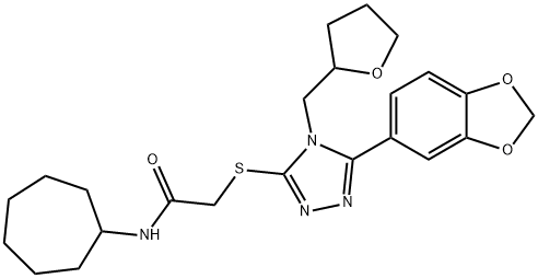 2-[[5-(1,3-benzodioxol-5-yl)-4-(oxolan-2-ylmethyl)-1,2,4-triazol-3-yl]sulfanyl]-N-cycloheptylacetamide Struktur