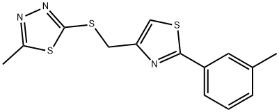 2-methyl-5-[[2-(3-methylphenyl)-1,3-thiazol-4-yl]methylsulfanyl]-1,3,4-thiadiazole Struktur