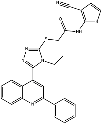 N-(3-cyanothiophen-2-yl)-2-[[4-ethyl-5-(2-phenylquinolin-4-yl)-1,2,4-triazol-3-yl]sulfanyl]acetamide Struktur