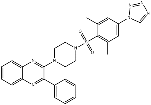 2-[4-[2,6-dimethyl-4-(tetrazol-1-yl)phenyl]sulfonylpiperazin-1-yl]-3-phenylquinoxaline Struktur