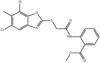 methyl 2-[[2-[(5,7-dichloro-6-methyl-1,3-benzoxazol-2-yl)sulfanyl]acetyl]amino]benzoate Struktur