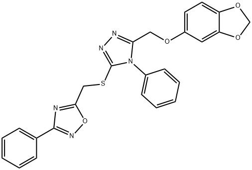 5-[[5-(1,3-benzodioxol-5-yloxymethyl)-4-phenyl-1,2,4-triazol-3-yl]sulfanylmethyl]-3-phenyl-1,2,4-oxadiazole Struktur