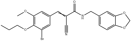 (Z)-N-(1,3-benzodioxol-5-ylmethyl)-3-(3-bromo-5-methoxy-4-propoxyphenyl)-2-cyanoprop-2-enamide Struktur