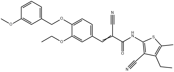 (E)-2-cyano-N-(3-cyano-4-ethyl-5-methylthiophen-2-yl)-3-[3-ethoxy-4-[(3-methoxyphenyl)methoxy]phenyl]prop-2-enamide Struktur