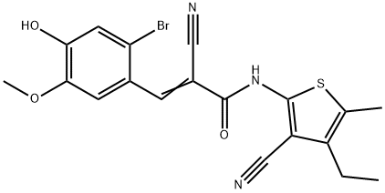 (E)-3-(2-bromo-4-hydroxy-5-methoxyphenyl)-2-cyano-N-(3-cyano-4-ethyl-5-methylthiophen-2-yl)prop-2-enamide Struktur