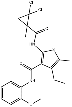 2-[(2,2-dichloro-1-methylcyclopropanecarbonyl)amino]-4-ethyl-N-(2-methoxyphenyl)-5-methylthiophene-3-carboxamide Struktur