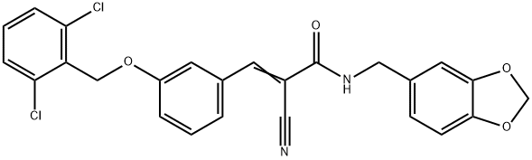 (E)-N-(1,3-benzodioxol-5-ylmethyl)-2-cyano-3-[3-[(2,6-dichlorophenyl)methoxy]phenyl]prop-2-enamide Struktur