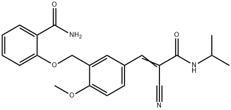 2-[[5-[(E)-2-cyano-3-oxo-3-(propan-2-ylamino)prop-1-enyl]-2-methoxyphenyl]methoxy]benzamide Struktur