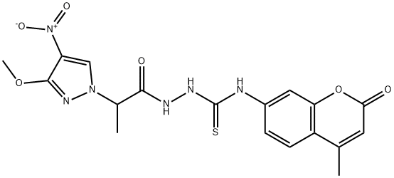 1-[2-(3-methoxy-4-nitropyrazol-1-yl)propanoylamino]-3-(4-methyl-2-oxochromen-7-yl)thiourea Struktur