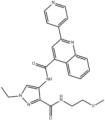 N-[1-ethyl-3-(2-methoxyethylcarbamoyl)pyrazol-4-yl]-2-pyridin-4-ylquinoline-4-carboxamide Struktur