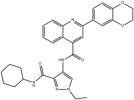 N-[3-(cyclohexylcarbamoyl)-1-ethylpyrazol-4-yl]-2-(2,3-dihydro-1,4-benzodioxin-6-yl)quinoline-4-carboxamide Struktur