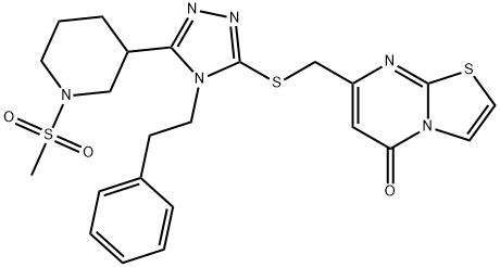 7-[[5-(1-methylsulfonylpiperidin-3-yl)-4-(2-phenylethyl)-1,2,4-triazol-3-yl]sulfanylmethyl]-[1,3]thiazolo[3,2-a]pyrimidin-5-one Struktur