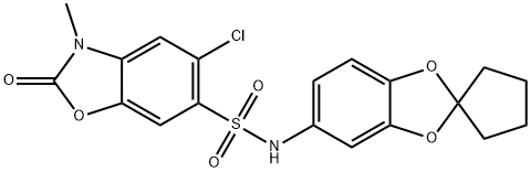 5-chloro-3-methyl-2-oxo-N-spiro[1,3-benzodioxole-2,1'-cyclopentane]-5-yl-1,3-benzoxazole-6-sulfonamide Struktur