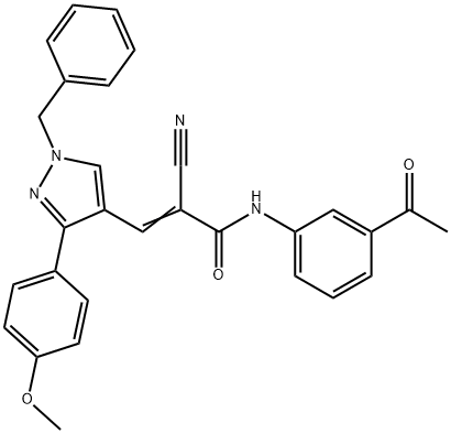 (E)-N-(3-acetylphenyl)-3-[1-benzyl-3-(4-methoxyphenyl)pyrazol-4-yl]-2-cyanoprop-2-enamide Struktur