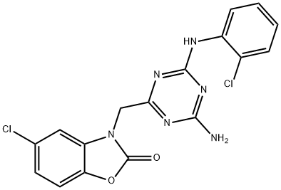 3-[[4-amino-6-(2-chloroanilino)-1,3,5-triazin-2-yl]methyl]-5-chloro-1,3-benzoxazol-2-one Struktur