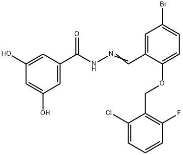 N-[(E)-[5-bromo-2-[(2-chloro-6-fluorophenyl)methoxy]phenyl]methylideneamino]-3,5-dihydroxybenzamide Struktur