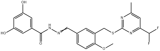 N-[(Z)-[3-[[4-(difluoromethyl)-6-methylpyrimidin-2-yl]sulfanylmethyl]-4-methoxyphenyl]methylideneamino]-3,5-dihydroxybenzamide Struktur