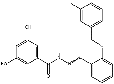 N-[(E)-[2-[(3-fluorophenyl)methoxy]phenyl]methylideneamino]-3,5-dihydroxybenzamide Struktur