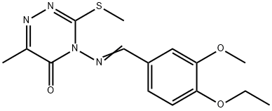 4-[(E)-(4-ethoxy-3-methoxyphenyl)methylideneamino]-6-methyl-3-methylsulfanyl-1,2,4-triazin-5-one Struktur