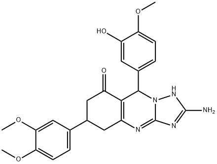 2-amino-6-(3,4-dimethoxyphenyl)-9-(3-hydroxy-4-methoxyphenyl)-5,6,7,9-tetrahydro-1H-[1,2,4]triazolo[5,1-b]quinazolin-8-one Struktur