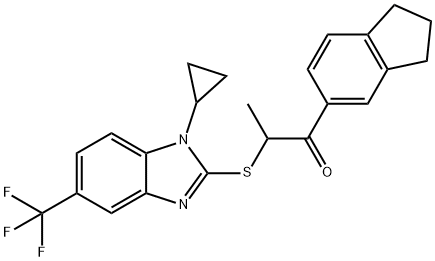 2-[1-cyclopropyl-5-(trifluoromethyl)benzimidazol-2-yl]sulfanyl-1-(2,3-dihydro-1H-inden-5-yl)propan-1-one Struktur