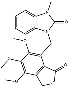 1-methyl-3-[(5,6,7-trimethoxy-3-oxo-1H-2-benzofuran-4-yl)methyl]benzimidazol-2-one Struktur