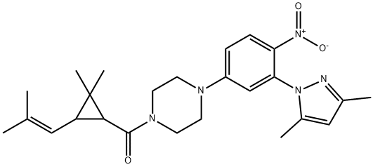 [2,2-dimethyl-3-(2-methylprop-1-enyl)cyclopropyl]-[4-[3-(3,5-dimethylpyrazol-1-yl)-4-nitrophenyl]piperazin-1-yl]methanone Struktur