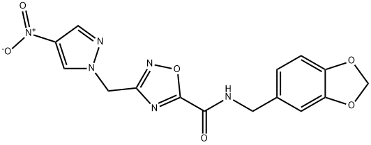 N-(1,3-benzodioxol-5-ylmethyl)-3-[(4-nitropyrazol-1-yl)methyl]-1,2,4-oxadiazole-5-carboxamide Struktur