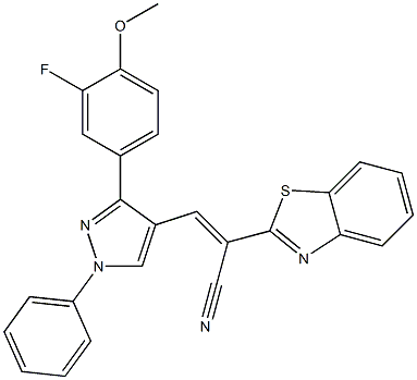 (E)-2-(1,3-benzothiazol-2-yl)-3-[3-(3-fluoro-4-methoxyphenyl)-1-phenylpyrazol-4-yl]prop-2-enenitrile Struktur