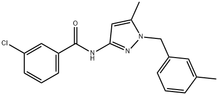 3-chloro-N-[5-methyl-1-[(3-methylphenyl)methyl]pyrazol-3-yl]benzamide Struktur