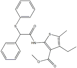 methyl 4-ethyl-5-methyl-2-[(2-phenyl-2-phenylsulfanylacetyl)amino]thiophene-3-carboxylate Struktur