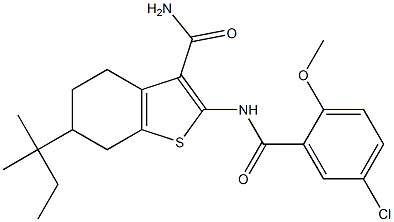 2-[(5-chloro-2-methoxybenzoyl)amino]-6-(2-methylbutan-2-yl)-4,5,6,7-tetrahydro-1-benzothiophene-3-carboxamide Struktur