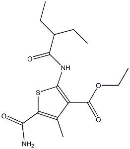 ethyl 5-carbamoyl-2-(2-ethylbutanoylamino)-4-methylthiophene-3-carboxylate Struktur