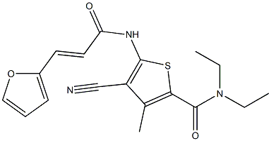 4-cyano-N,N-diethyl-5-[[(E)-3-(furan-2-yl)prop-2-enoyl]amino]-3-methylthiophene-2-carboxamide Struktur