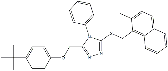 3-[(4-tert-butylphenoxy)methyl]-5-[(2-methylnaphthalen-1-yl)methylsulfanyl]-4-phenyl-1,2,4-triazole Struktur