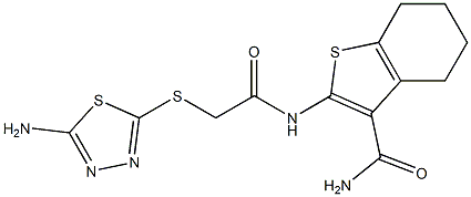 2-[[2-[(5-amino-1,3,4-thiadiazol-2-yl)sulfanyl]acetyl]amino]-4,5,6,7-tetrahydro-1-benzothiophene-3-carboxamide Struktur