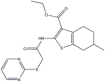 ethyl 6-methyl-2-(2-(pyrimidin-2-ylthio)acetamido)-4,5,6,7-tetrahydrobenzo[b]thiophene-3-carboxylate Struktur