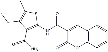 N-(3-carbamoyl-4-ethyl-5-methylthiophen-2-yl)-2-oxochromene-3-carboxamide Struktur