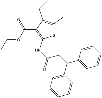 ethyl 2-(3,3-diphenylpropanoylamino)-4-ethyl-5-methylthiophene-3-carboxylate Struktur