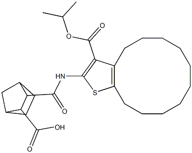 2-[(3-propan-2-yloxycarbonyl-4,5,6,7,8,9,10,11,12,13-decahydrocyclododeca[b]thiophen-2-yl)carbamoyl]bicyclo[2.2.1]heptane-3-carboxylic acid Struktur