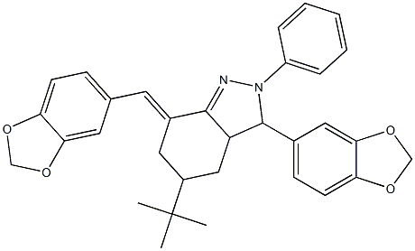 (7E)-3-(1,3-benzodioxol-5-yl)-7-(1,3-benzodioxol-5-ylmethylidene)-5-tert-butyl-2-phenyl-3a,4,5,6-tetrahydro-3H-indazole Struktur