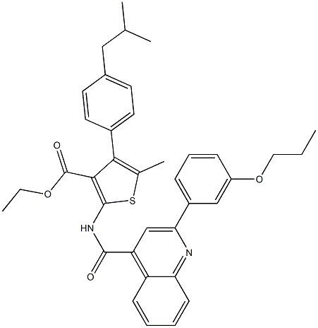 ethyl 5-methyl-4-[4-(2-methylpropyl)phenyl]-2-[[2-(3-propoxyphenyl)quinoline-4-carbonyl]amino]thiophene-3-carboxylate Struktur