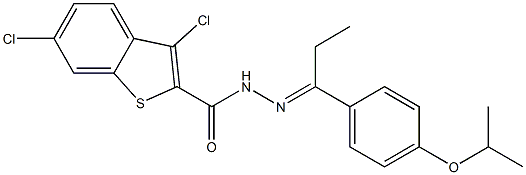 3,6-dichloro-N-[(E)-1-(4-propan-2-yloxyphenyl)propylideneamino]-1-benzothiophene-2-carboxamide Struktur