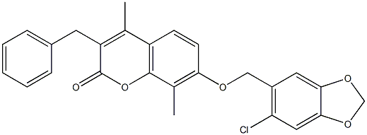 3-benzyl-7-[(6-chloro-1,3-benzodioxol-5-yl)methoxy]-4,8-dimethylchromen-2-one Struktur