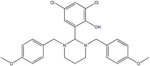 2-[1,3-bis[(4-methoxyphenyl)methyl]-1,3-diazinan-2-yl]-4,6-dichlorophenol Struktur