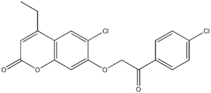 6-chloro-7-[2-(4-chlorophenyl)-2-oxoethoxy]-4-ethylchromen-2-one Struktur