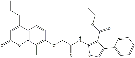 ethyl 2-[[2-(8-methyl-2-oxo-4-propylchromen-7-yl)oxyacetyl]amino]-4-phenylthiophene-3-carboxylate Struktur