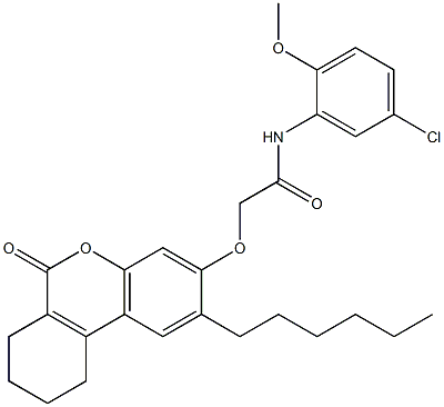 N-(5-chloro-2-methoxyphenyl)-2-[(2-hexyl-6-oxo-7,8,9,10-tetrahydrobenzo[c]chromen-3-yl)oxy]acetamide Struktur