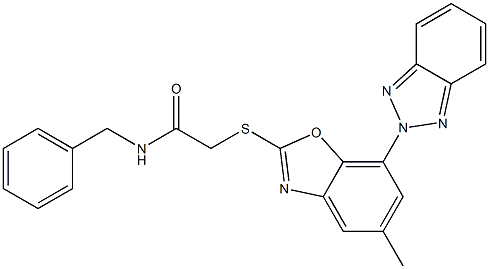 2-[[7-(benzotriazol-2-yl)-5-methyl-1,3-benzoxazol-2-yl]sulfanyl]-N-benzylacetamide Struktur